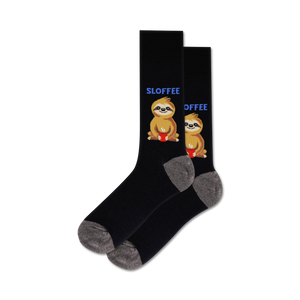 Pair of black crew socks featuring two sloths enjoying coffee mugs.  Grey cuffs, and 'Sloffee' text.