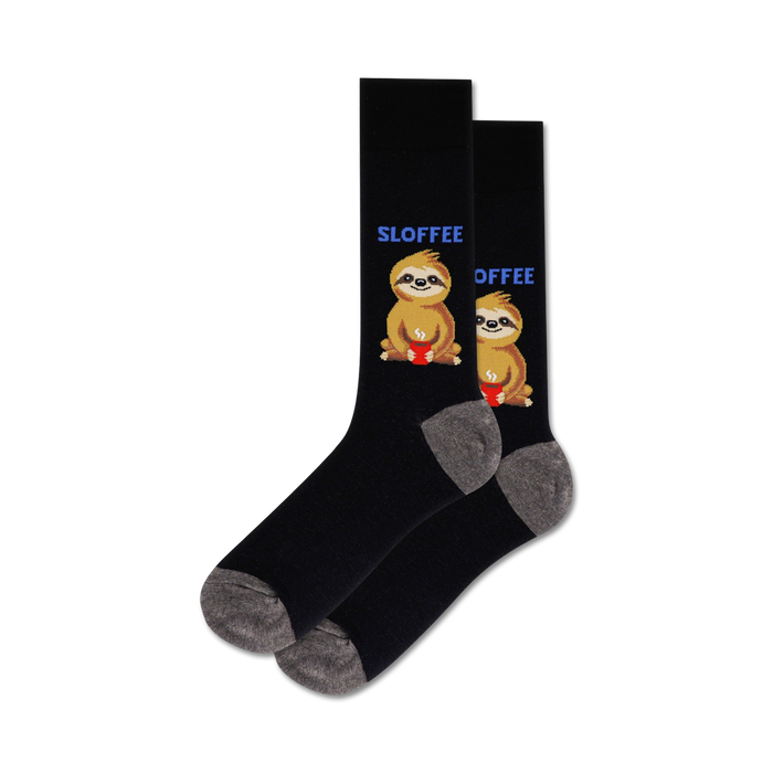 black crew socks with gray heel and toe featuring a pattern of sloths holding red coffee mugs.  