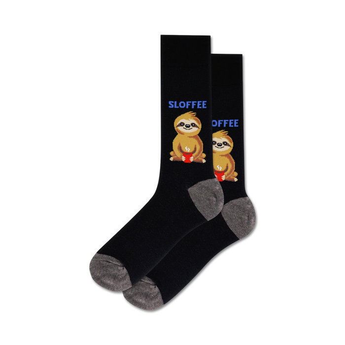 Pair of black crew socks featuring two sloths enjoying coffee mugs.  Grey cuffs, and 'Sloffee' text.