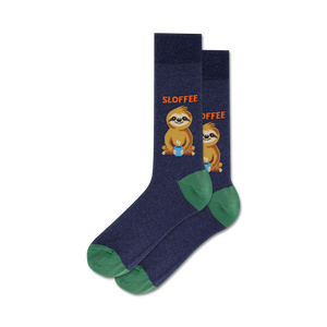 Lifestyle shot of Sloffee socks on a model's feet, showcasing the navy blue color option.