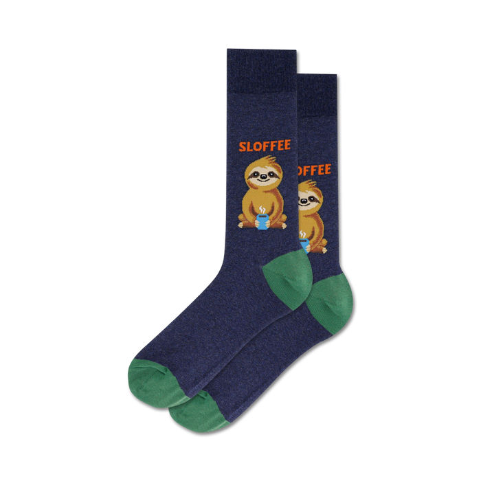 sloth themed dark blue crew socks for men feature brown sloths holding white coffee mugs that read 