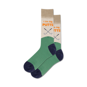 Lifestyle shot of the 'I Like Big Putts' socks on a person's feet; shows the socks in use.