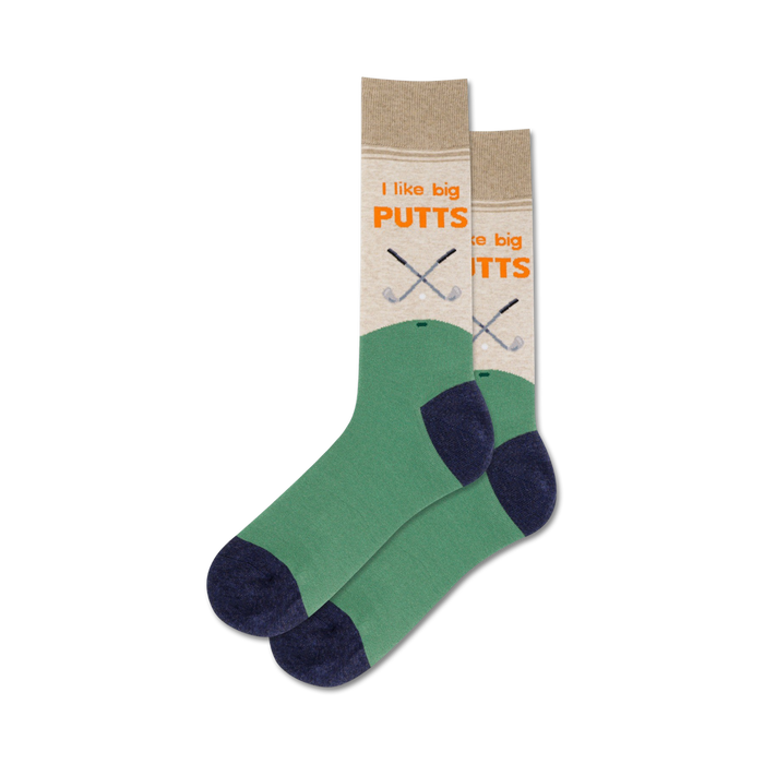 Lifestyle shot of the 'I Like Big Putts' socks on a person's feet; shows the socks in use.
