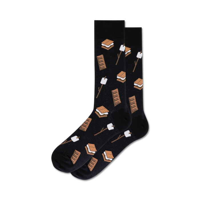 Pair of black crew socks with a fun s'mores pattern. The design includes graham crackers, marshmallows, and chocolate bars. }}