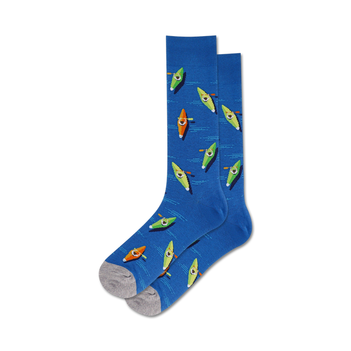 Pair of blue crew socks with a pattern of colorful kayaks. Kayaks are orange, green, and yellow. }}
