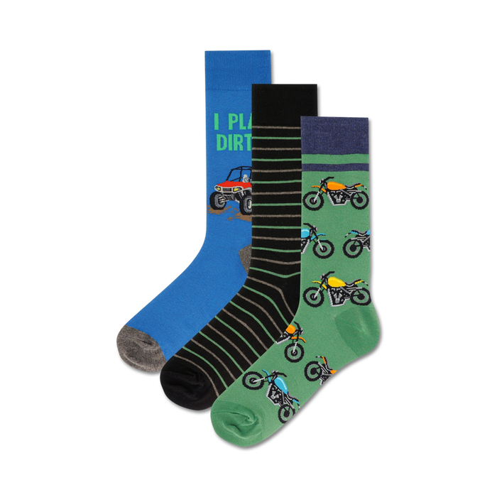 Three crew socks: blue with ATV graphic, black and white striped, green with dirt bike pattern. }}