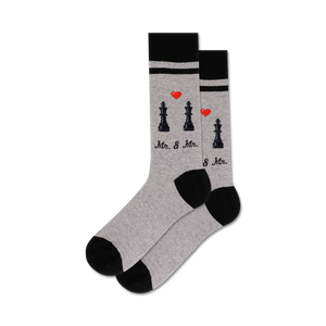 gray crew socks with black toe, heel, top, chess piece print, red hearts, 