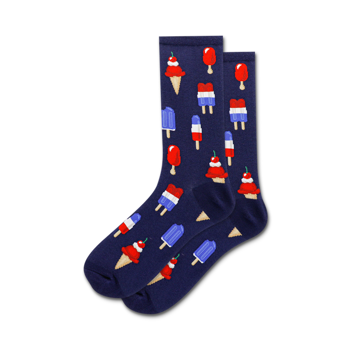 dark blue crew socks with red, white, and blue ice cream cones and popsicles for women.   }}