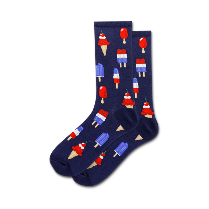 Pair of navy blue crew socks with a pattern of red, white, and blue ice cream cones and popsicles. }}