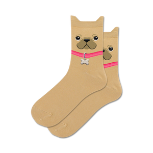 Pair of beige crew socks featuring a French Bulldog face design with a pink collar and bone charm.