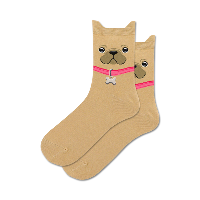 light brown mid-calf socks with an adorable all over pattern of french bulldogs with pink collars and bone-shaped tags.  