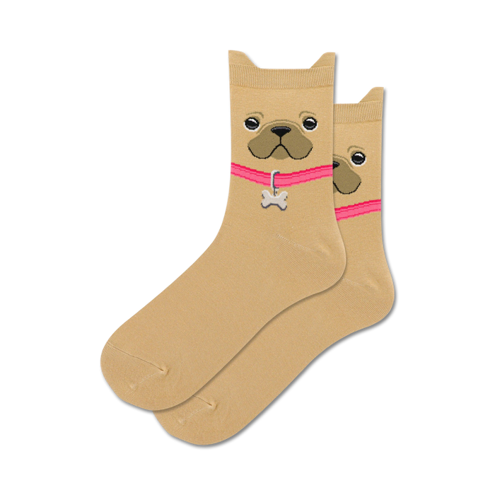 Pair of beige crew socks featuring a French Bulldog face design with a pink collar and bone charm.