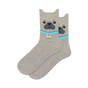 womens gray ankle socks with a pattern of black french bulldogs with blue collars and bone-shaped tags.  
