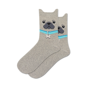 Pair of grey crew socks with a French Bulldog face, light blue collar, and bone charm.