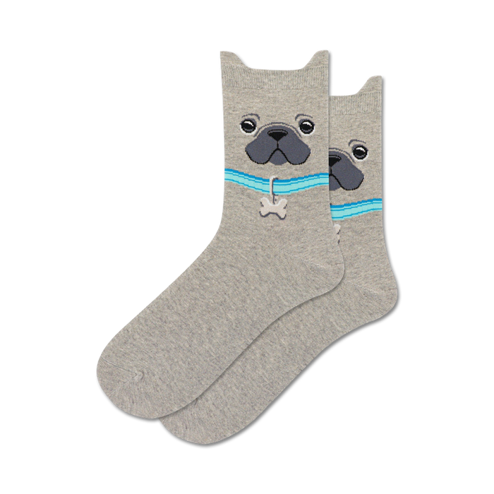 Pair of grey crew socks with a French Bulldog face, light blue collar, and bone charm.