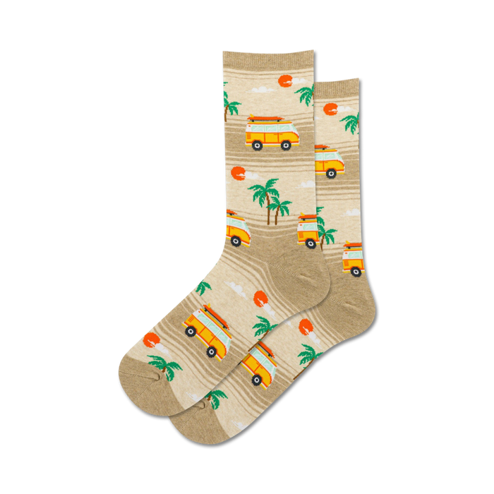 Pair of crew socks in beige and orange, featuring a pattern of vintage surf vans, palm trees, and setting suns.