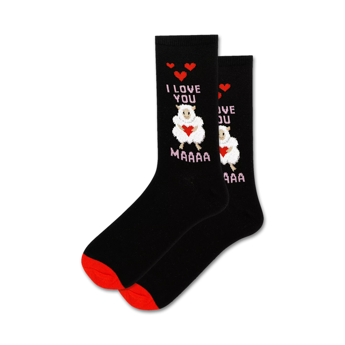 Pair of black crew socks with a design featuring two sheep holding hearts, text that says 'I Love You Maaaa', and pink and red accents.