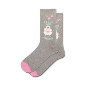 gray crew socks with pink toes, heels, and a white sheep holding a pink heart that says 'i love you maaaa' in blue and pink letters.   