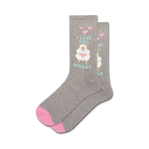 Close-up of a pair of grey 'I Love You Maaaa' crew socks with pink and teal accents. The socks feature the same sheep design as the black pair.