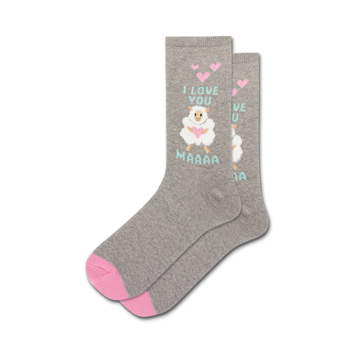 Close-up of a pair of grey 'I Love You Maaaa' crew socks with pink and teal accents. The socks feature the same sheep design as the black pair.