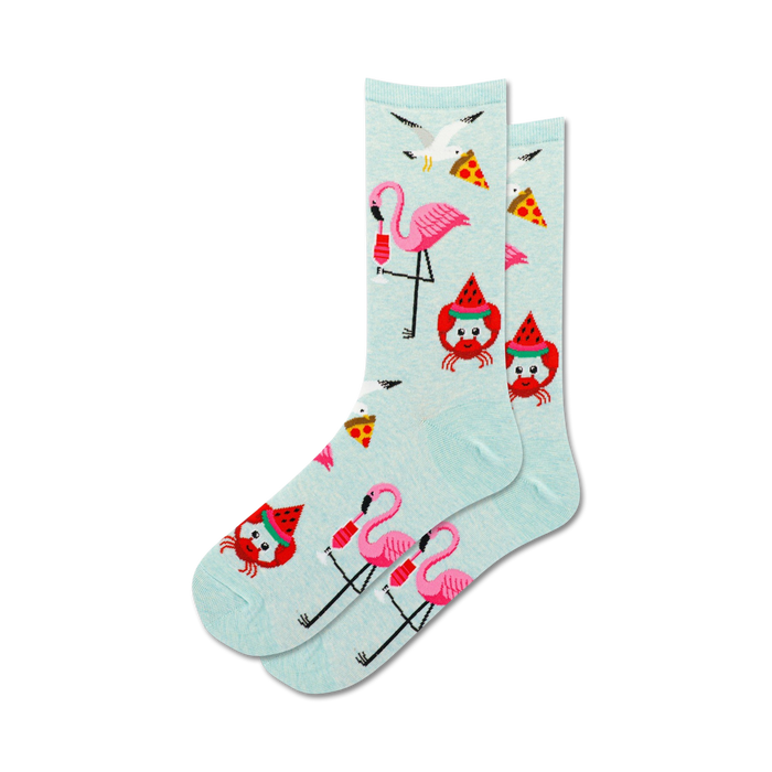 crew length womens socks adorned with flamingos donning watermelon slices, seagulls with pizza slices, and crabs with watermelon slices, all on a blue background.   }}