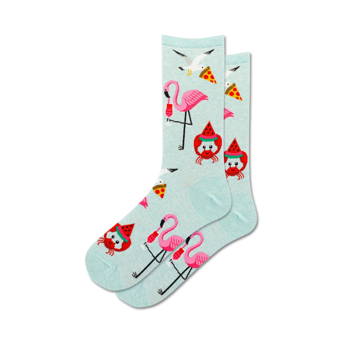 Pair of light blue crew socks featuring flamingos, seagulls, crabs wearing watermelon hats, and pizza slices. }}