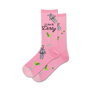 Pair of women's crew socks. Pink and blue options, featuring martini glasses, olives, and a cocktail shaker with the text 'I Like It Dirty'.
