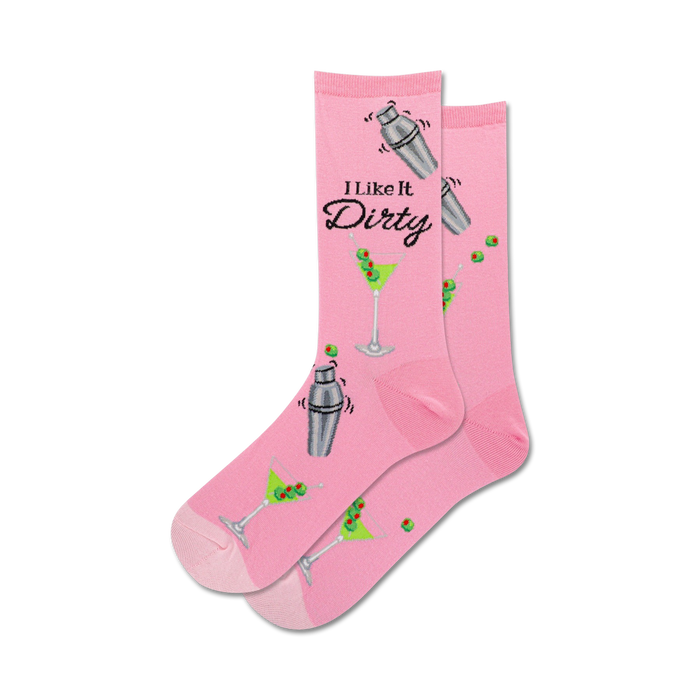 Pair of women's crew socks. Pink and blue options, featuring martini glasses, olives, and a cocktail shaker with the text 'I Like It Dirty'.