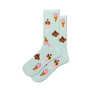 blue crew socks with cherries, ice cream cones, and brownies for women  