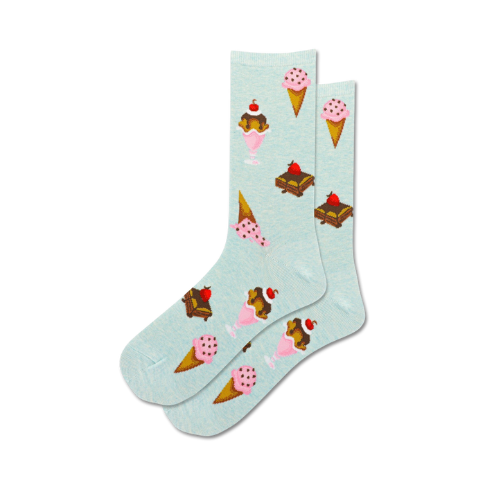 Lifestyle shot showing the light blue Desserts socks on a model's feet, showcasing the sock's fit and style.