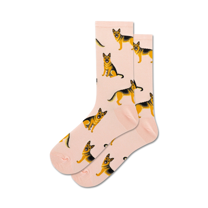 Pair of pink crew socks with a repeating pattern of German Shepherds.