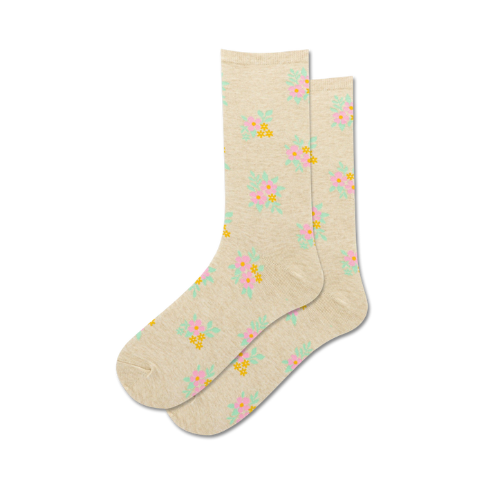 Pair of beige crew socks with a small, scattered floral pattern in pink, yellow, and mint green.