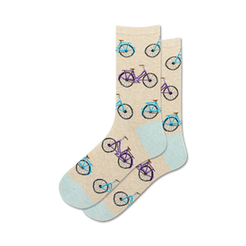 purple and blue bicycles on cream colored crew socks for women.  