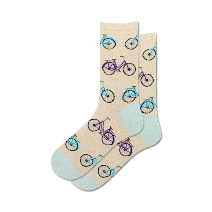 purple and blue bicycles on cream colored crew socks for women.   }}