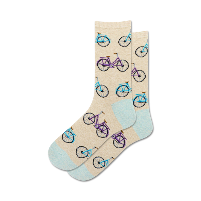 Pair of beige crew socks with a pattern of light blue and purple bicycles. Light blue accents at the cuffs. }}