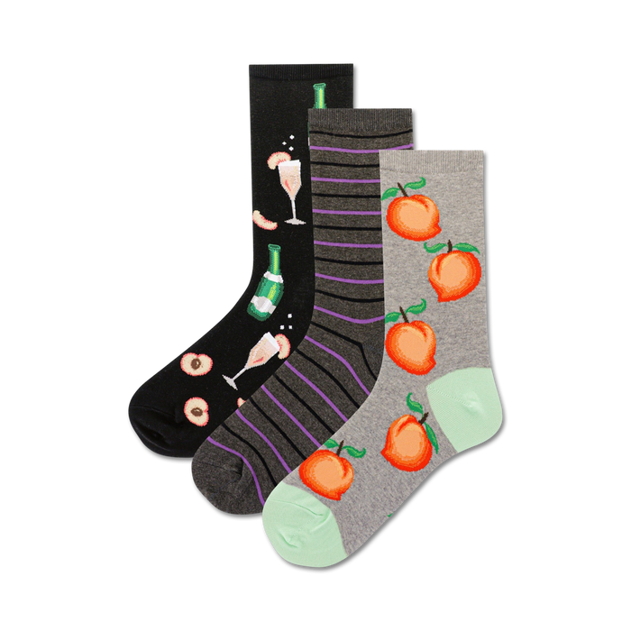 womens crew socks with champagne flutes, bottles, and peaches on them in pink, green, and orange colors on a black, gray, and purple background.    }}