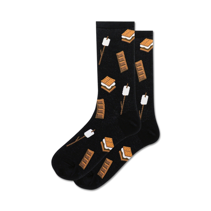 Pair of black crew socks with a s'mores design. Features graham crackers, marshmallows, and chocolate bars in brown and tan. }}