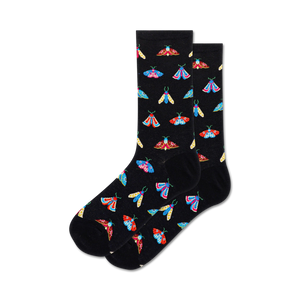 Pair of black crew socks with a colorful moth pattern.  The moths are red, blue, yellow, and white.