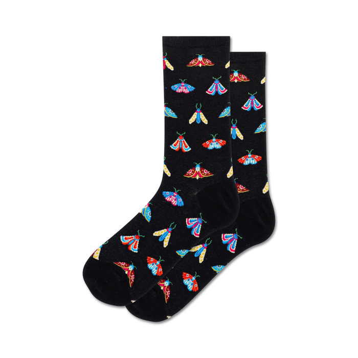 Pair of black crew socks with a colorful moth pattern.  The moths are red, blue, yellow, and white.