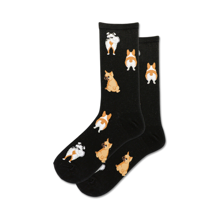 black crew socks with cartoon dog butts pattern (different breeds and colors). womens.  