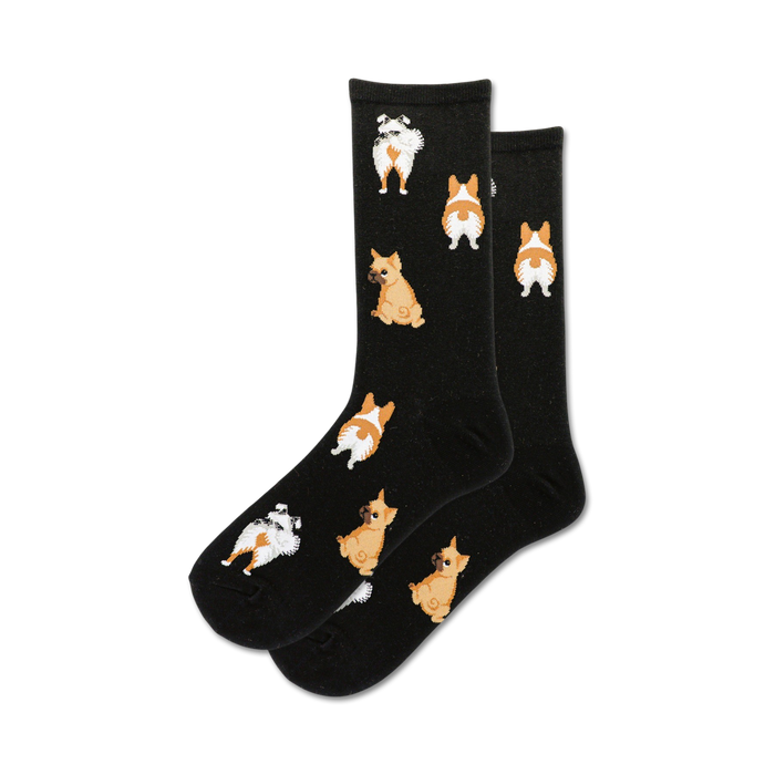 Pair of black crew socks with repeating pattern of cute dog rear ends (corgi and pug).