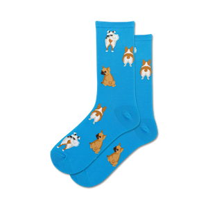 Lifestyle shot: A person wearing the bright blue Dog Tails socks.