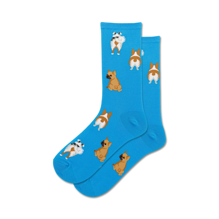 blue crew socks with pattern of different dog breed's tails poking up.   