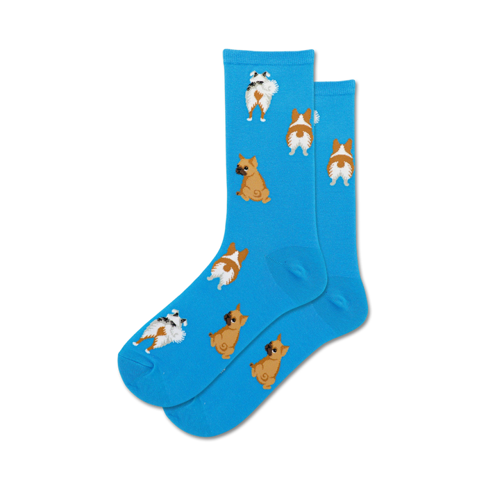 Lifestyle shot: A person wearing the bright blue Dog Tails socks.