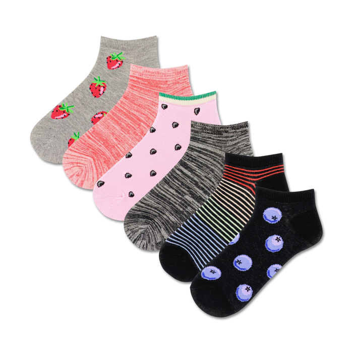women's 6-pack of novelty ankle socks with fruit patterns including strawberries, blueberries, polka dots, and rainbow stripes.   }}