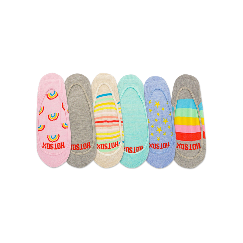 Six pairs of women's no-show socks. Designs include rainbows, pastel stripes, solid pastel blue, stars, and a multi-colored rainbow stripe.