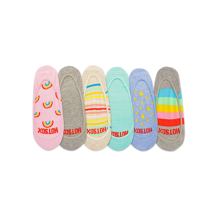 Six pairs of women's no-show socks. Designs include rainbows, pastel stripes, solid pastel blue, stars, and a multi-colored rainbow stripe. }}