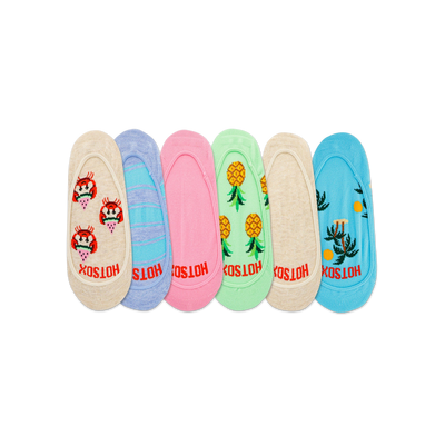 Five pairs of pastel-colored no-show socks. Designs include crabs, stripes, pineapples, and palm trees.