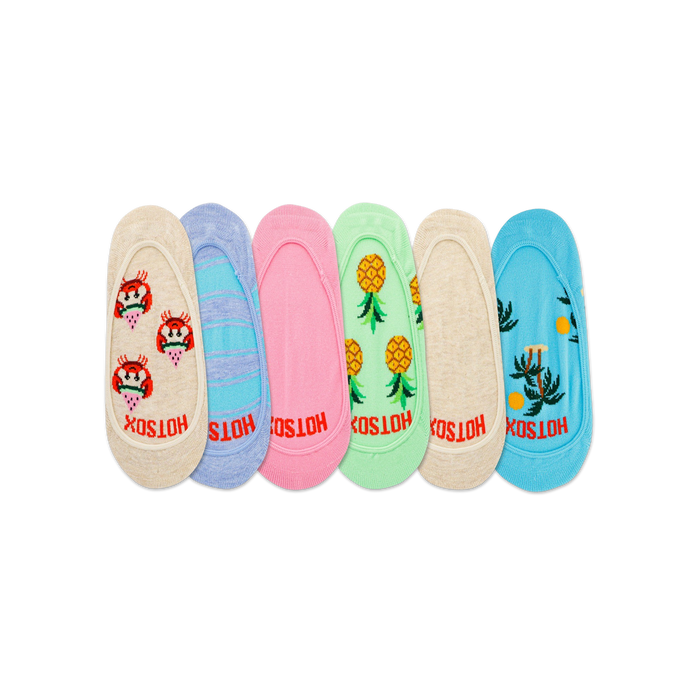 women's novelty beach theme liner socks in watermelon, flamingo, pineapple, palm tree, and crab patterns.   }}
