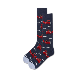 Pair of crew socks; navy blue with red airplanes and dogs; light blue sole.